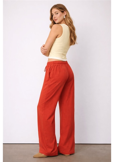 Fashion Friends Geniş Paça Kadın Keten Pantolon 26y0608k1 Kiremit