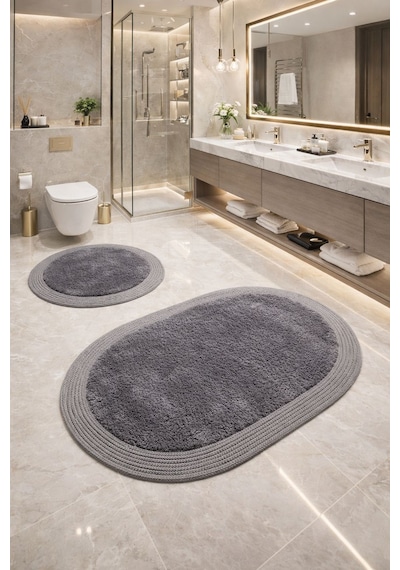 Melena Carpet Premium Kaymaz Taban Peluş Banyo Paspası Seti Jüt Kenar Detaylı 2 Li Oval Yuvarlak 100x60 60x60 Antrasit