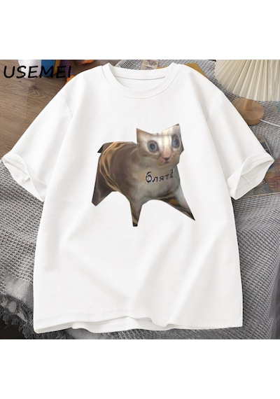 Flood Of Style Rus Kedi Meme T-shirt Komik Grafik Baskı Kedi T Shirt Kadın Erkek Rahat Pamuk T-shirt Unisex Beyaz