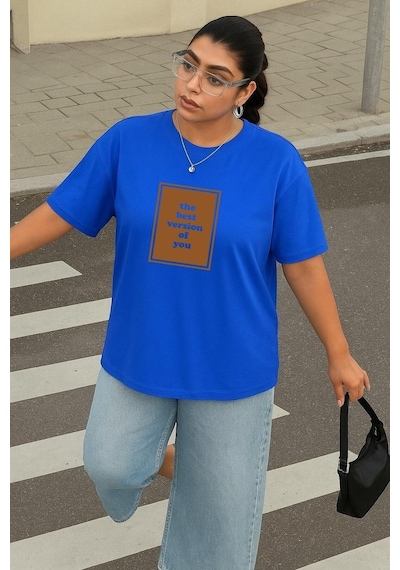 Büyük Beden The Best Baskılı Unisex Tişört Saks Mavisi