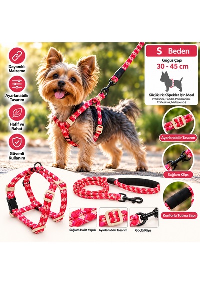Ally Paws Köpek Göğüs Tasması Ve Gezdirme Kayışı Seti S Beden 8mm X 120cm - Kırmızı Çok Renkli