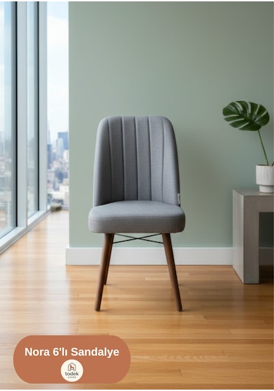 Nora 6 Adet Sandalye - Keten Kumaşlı Sandalye Modern Ahşap Ayaklı Yemek & Çalışma Sandalyesi Minimal Tasarım Gri