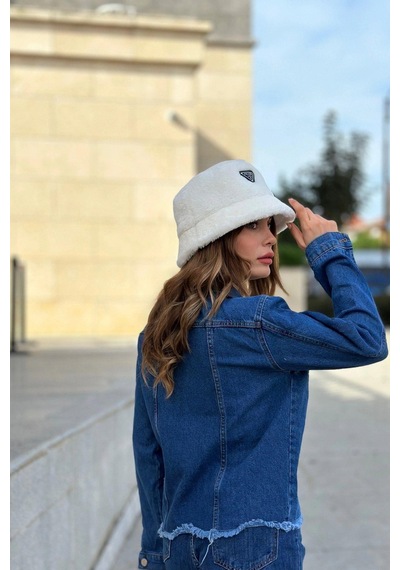 Kadın Mavi Çift Cepli, Eteği Püsküllü, Kaliteli Jeans Kumaş, Rahat Kesim, Kot Ceket Mavi