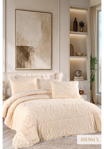 Isessia Lina Çift Kişilik Jakarlı Wellsoft Uyku Seti Çift Taraflı 230x250 Cm Çantalı Krem