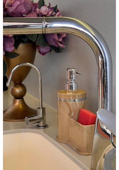 Makri Home Mutfak Veya Banyo İçin Şık Gümüş Detaylı Süngerlikli Sıvı Sabunluk , Yerli Üretim Pembe