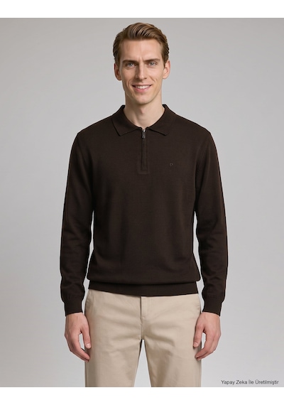 Pierre Cardin Koyu Kahverengi Slim Fit Fermuarlı Polo Yaka Basic Triko Kazak 50333917-vr084