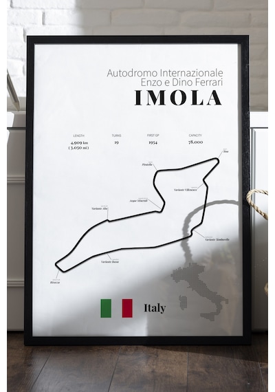 Imola Formula 1 Siyah Ahşap Çerçeveli Poster, Dekoratif Harita Duvar Tablosu