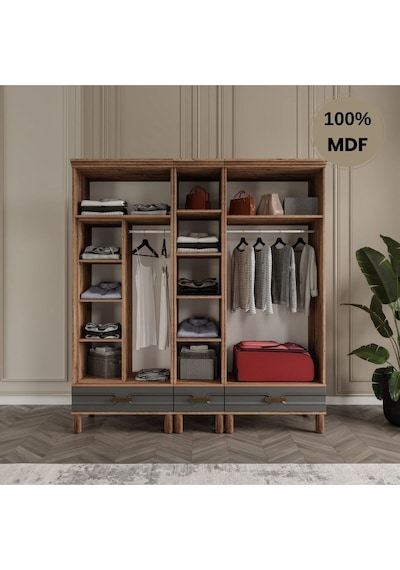Zen 5 Kapak Ayaklı Tasarım Country Mdf Gardırop Antrasit