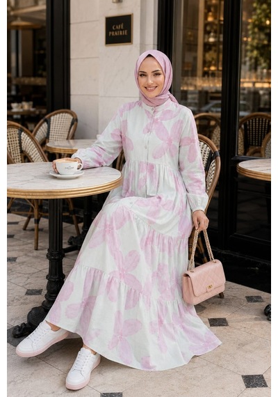Hb Harma Time Butik Kadın Düğmeli Modal Desenl Pembe Elbise Ekru