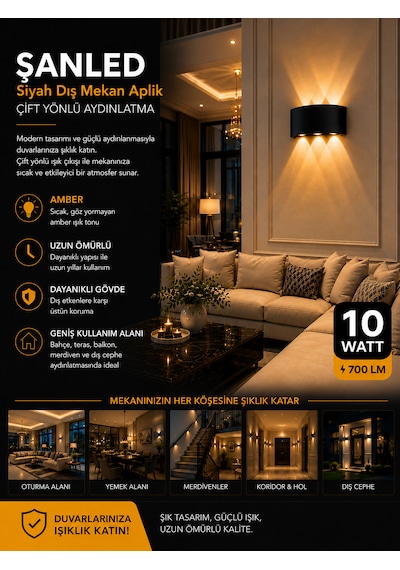 Dekoratif 10w Çift Yönlü Iç-dış Mekan Siyah Kasa Gün Işığı Duvar Aplik-2 Adet Amber Rengi