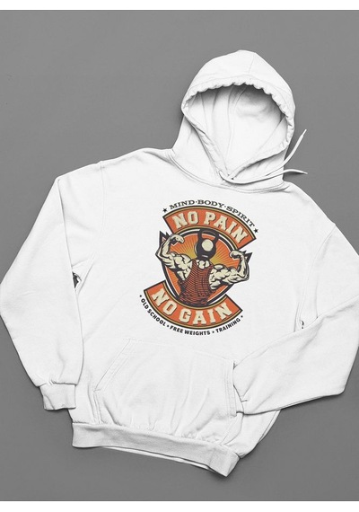 Sevbano No Pain No Gain Baskılı Unisex Oversize Fitness Gym Hoodie Beyaz