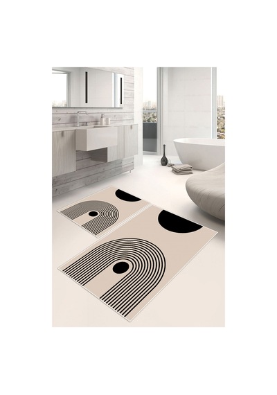 Modern Desenli Dijital Baskılı Kaymaz Yıkanabilir 2li Banyo Paspası Bej