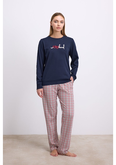 Man11585-1020 Anil Ev Giyim Anıl Kadın Uzun Kol Sweatshirt Ve Ekose Pantolon Pijama Takımı Rahat Ve Şık Ev Giyimi 11585 Lacivert