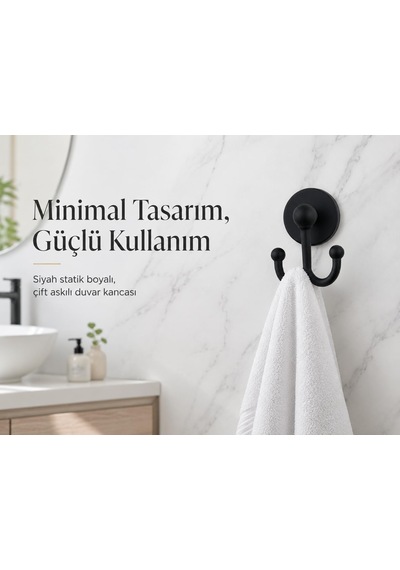 Lotus Siyah Çiftli Lüx Bornoz Ve Havlu Askılığı, Yapışkanlı Ve Vidalı Montajlı Duvar Askısı, Mat Siyah Statik Boyama, 35 Mm Oval Bantlı Banyo Askısı