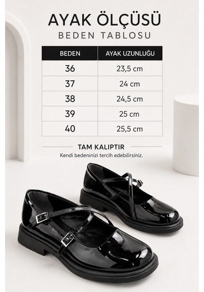 Dabab Shoes Marsel Kadın Siyah Rugan Çapraz Bantlı Tokalı 2 Cm Kalın Taban Mary Jane Ayakkabı