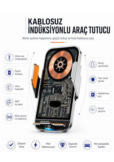 Kablosuz İndüksiyonlu Araç Telefon Tutucu Şarj 3 Farklı Başlıklı 1 Adet