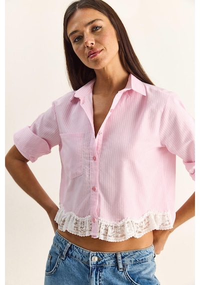 Shade Kadın Dantel Detaylı Çizgili Poplin Crop Gömlek Dg261023 60286099 - Pembe