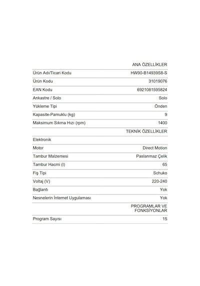 Haier HW90-B14939S8-S 1400 Devir 9 KG Çamaşır Makinesi