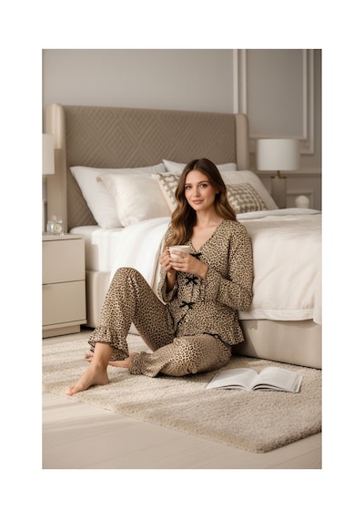 Fantezia Night Kadın Uzun Kollu Leopar Desenli Fiyonklu Ev Giyim Pijama Takımı