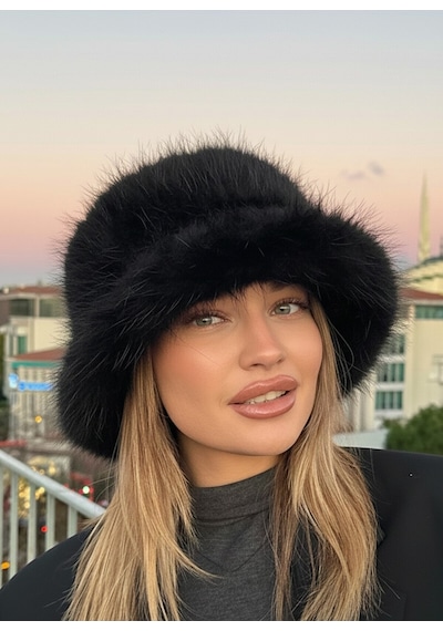 Mollycrush Luxury Peluş Bucket Kalpak Şapka Kışlık Suni Kürk Siyah Kadın Şapkası Siyah
