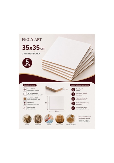 Mdf - 35x35 Cm Beyaz Lam Mdf Plaka 3mm - 5 Adet - Beyaz Pasta Altlığı
