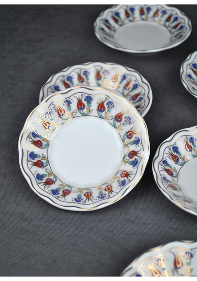 Qualitev 6 Adet Porselen Çay Tabağı Ebruli Lale Çini Motifli Çay Tabak 10 Cm Mavi