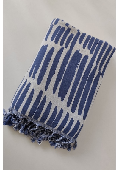 %100 Pamuk Çift Kat Müslin Peştemal - Jakarlı Plaj Havlusu- 90x170 Cm Indıgo Indigo
