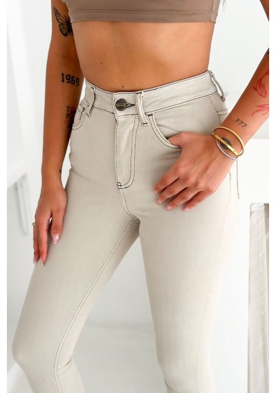 HLT Jeans Kadın Taş Renk Süper Skinny Fit Koyu İplik Detaylı Esnek Likralı Yüksek Bel Jean Kot Pan Jennie-2008 Krem
