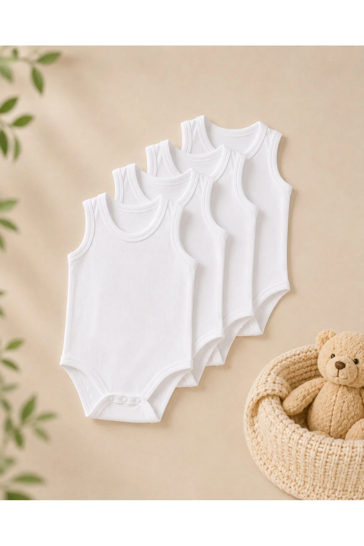 Mini Boncuk 4 Lü %100 Pamuk Unisex Bebek Atlet Body Seti Beyaz