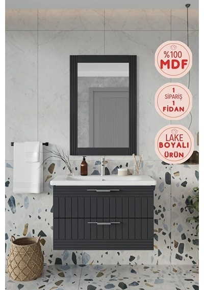 Erguvan Gümüş Kulp Antrasit 80 Cm %100 Mdf Lavabolu Banyo Dolabı Ayna Antrasit