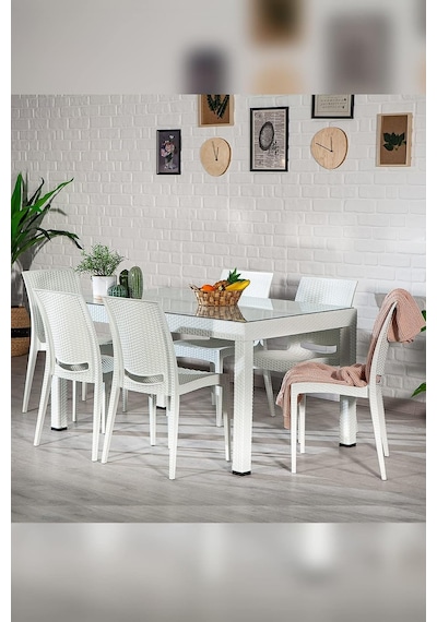 Rattan Large Camlı Beyaz Masa Takımı Bahçe&balkon 1 Camlı Masa + 6 Sandalye Çok Renkli