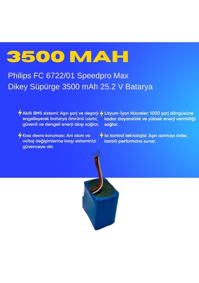Philips Fc 6722/01 Speedpro Max Dikey Süpürge 3500 Mah 25.2 V Batarya  Uyumlu Uzun Ömürlü, Yüksek Performans Pil