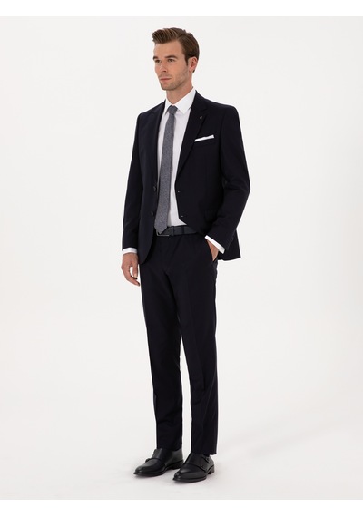 Cacharel Lacivert Slim Fit %100 Yün Mono Yaka Basic Takım Elbise