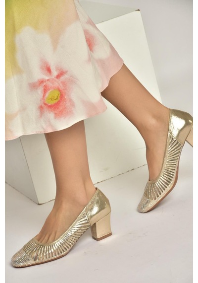 Fox Shoes Y820854514 Altın Sim Kalın Topuklu Kadın Ayakkabı Altın