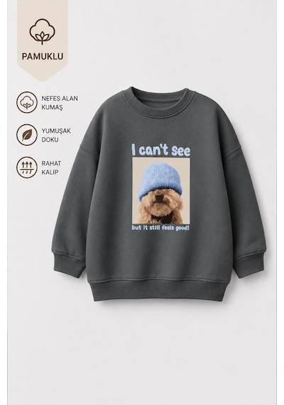 Monila Unisex Çocuk 3 İplik Kumaş Köpek Baskılı Pamuklu Sweatshirt Antrasit