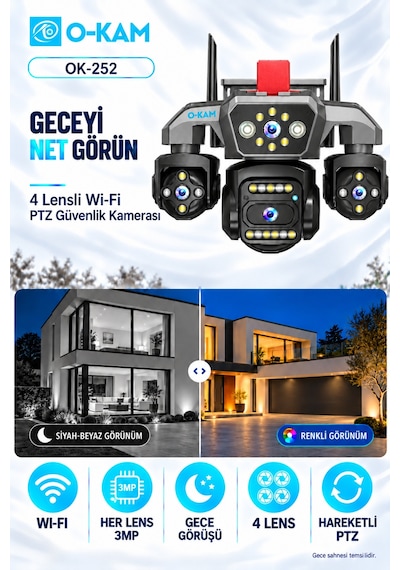 O-kam Ok-252-premium W 4 Lensli Wi-fi Ptz Güvenlik Kamerası