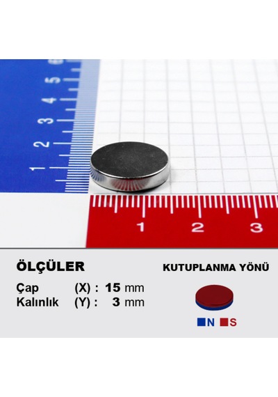 3 Adet Neodyum Mıknatıs Çap: 15mm Kalınlık: 3mm D15x3 Ndfeb Güçlü Mıknatıs Yuvarlak N093