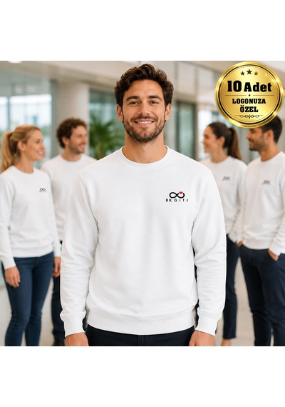 Bk Kurumsal Logonuza Özel 10 Adet Beyaz Pamuk Karışımlı Unisex Sweatshirt - Kurumsal Personel Sweat