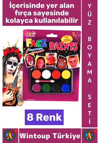 Boyamaseti Eğlence Doğum Günü Parti Kostüm Fırçalı Maç Çocuk Palyaço Makyaj Yüz Boyama Seti 8 Renk Tüm Yaşlar