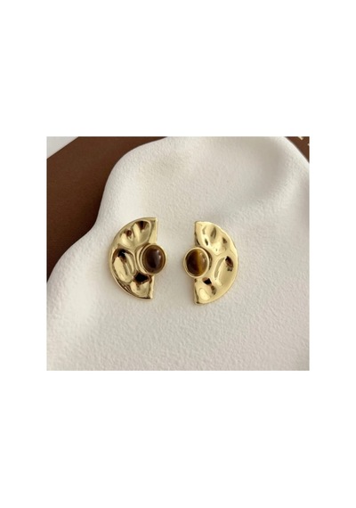 Lunarie Vintage Gold Dalgalı Yarım Ay Küpe Renkli Taşlı Çelik Kahverengi