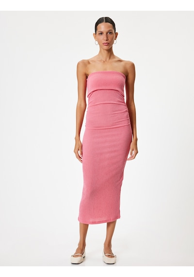 Koton Straplez Elbise Midi Bodycon Bürümcük Kolsuz Drapeli Slim Fit Pembe 4sal80231ık Gül