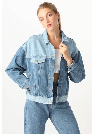 Kadın Renk Bloklu Oversize Jean Ceket Mavi 001