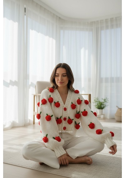 Hobilanka Gül Detayli El Örgüsü Kadın Hırka, Çiçekli Hırka,trend Çok Renkli