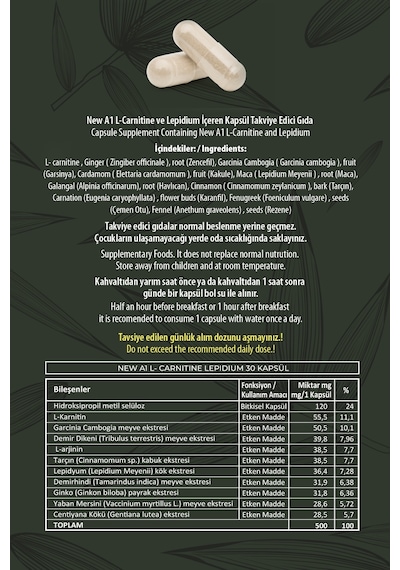 New A1 L Carnitine Lepidium Bitkisel Kapsül Aromasız