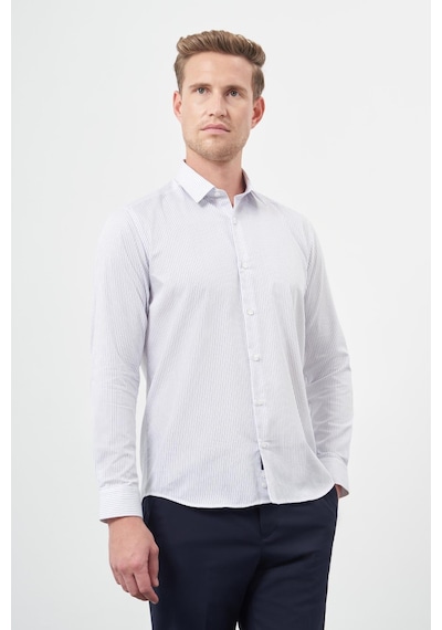 İmza Beyaz Uzun Kol Çizgili Desen Gabardin Sert Yaka Cepsiz Pamuklu Classic Slim Fit Gömlek 1004245205 Duman Beyaz