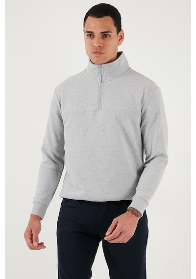 Buratti Pamuklu Regular Fit Yarım Fermuarlı Dik Yaka Erkek Kazak 456112 Açık Gri
