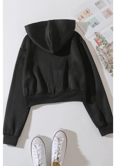 Cool Tarz Kadın Kapüşonlu Şardonlu Siyah Renk Crop Sweatshirt Siyah Siyah