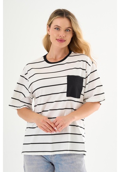 Alexandergardı Cep Detaylı Çizgili T-shirt Beyaz