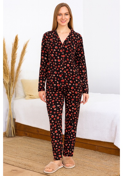 Remsa Kadın Çiçek Desen Saphire Düğmeli Pijama Takımı 0468 Siyah04 Siyah04