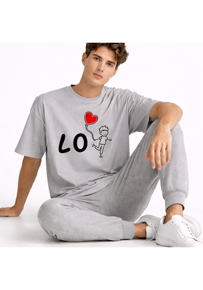 Sevgili Kombini Love Baskılı Çift Tişört Oversize Unisex Partner Antrasit